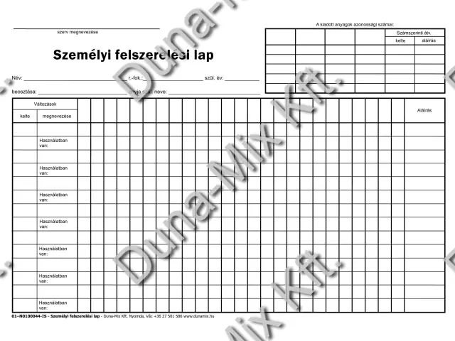 Személyi felszerelési lap